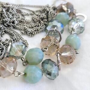 Glass Crystal Beaded Long Silver Tone Multi Strand Chain Necklace